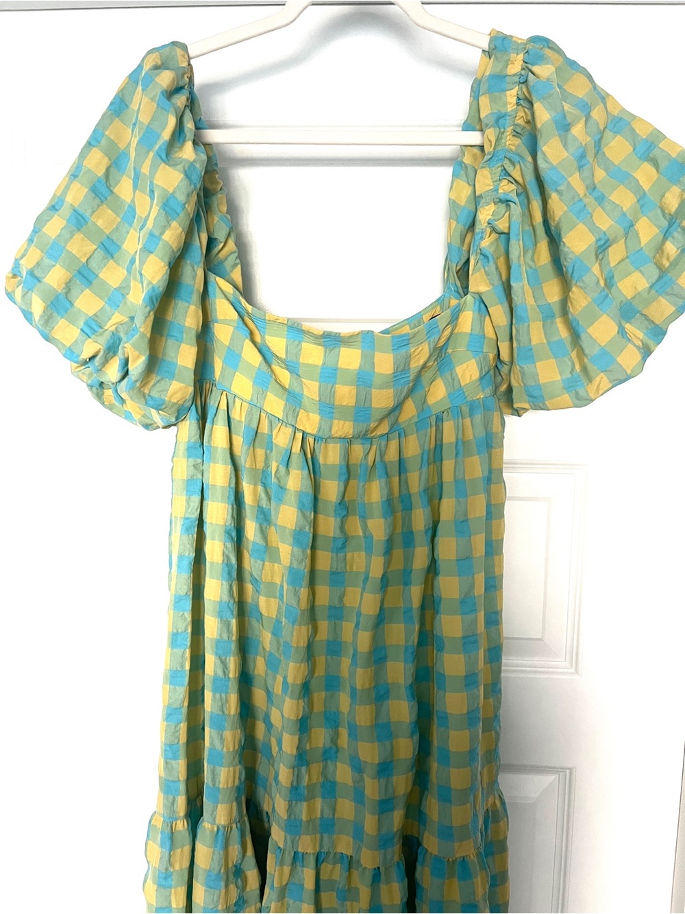 Zara Yellow & Teal Gingham Puff-Sleeve Maxi Dress - Picture 7 of 11